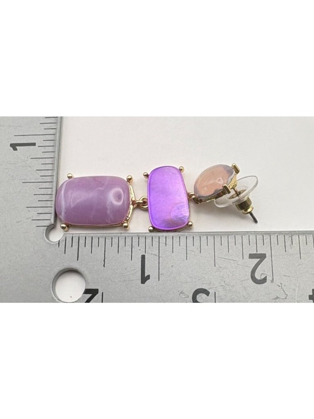 Purple Gold Tone Dangle Drop Earrings Geometric Three-Tier Faux Stones - Picture 3 of 6